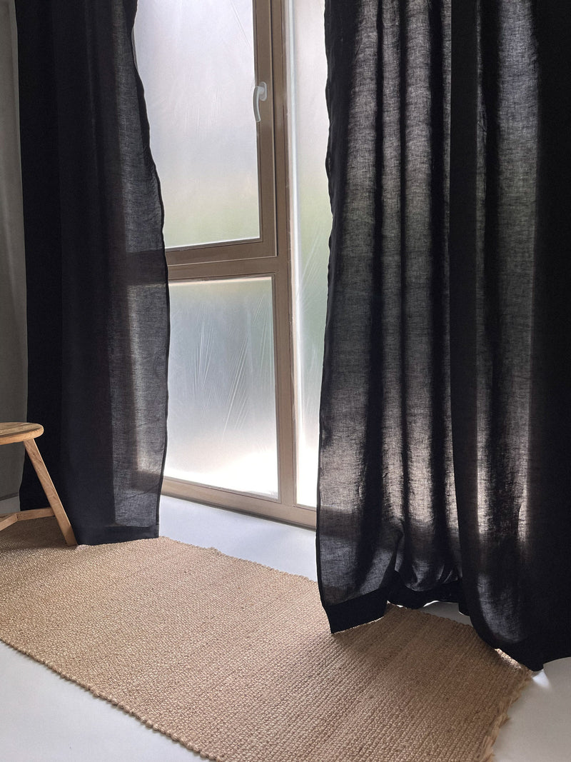 Medium Weight Washed Linen Curtains - Black (Set of 2)