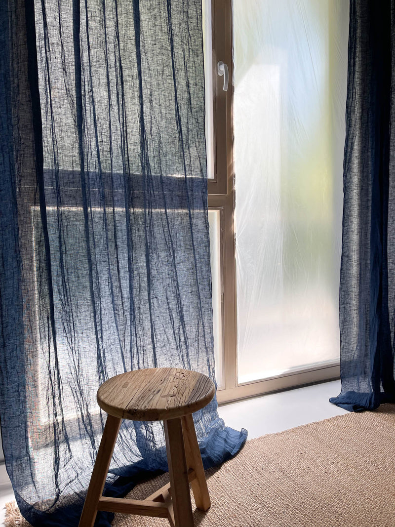 Navy Blue Sheer Linen Curtain