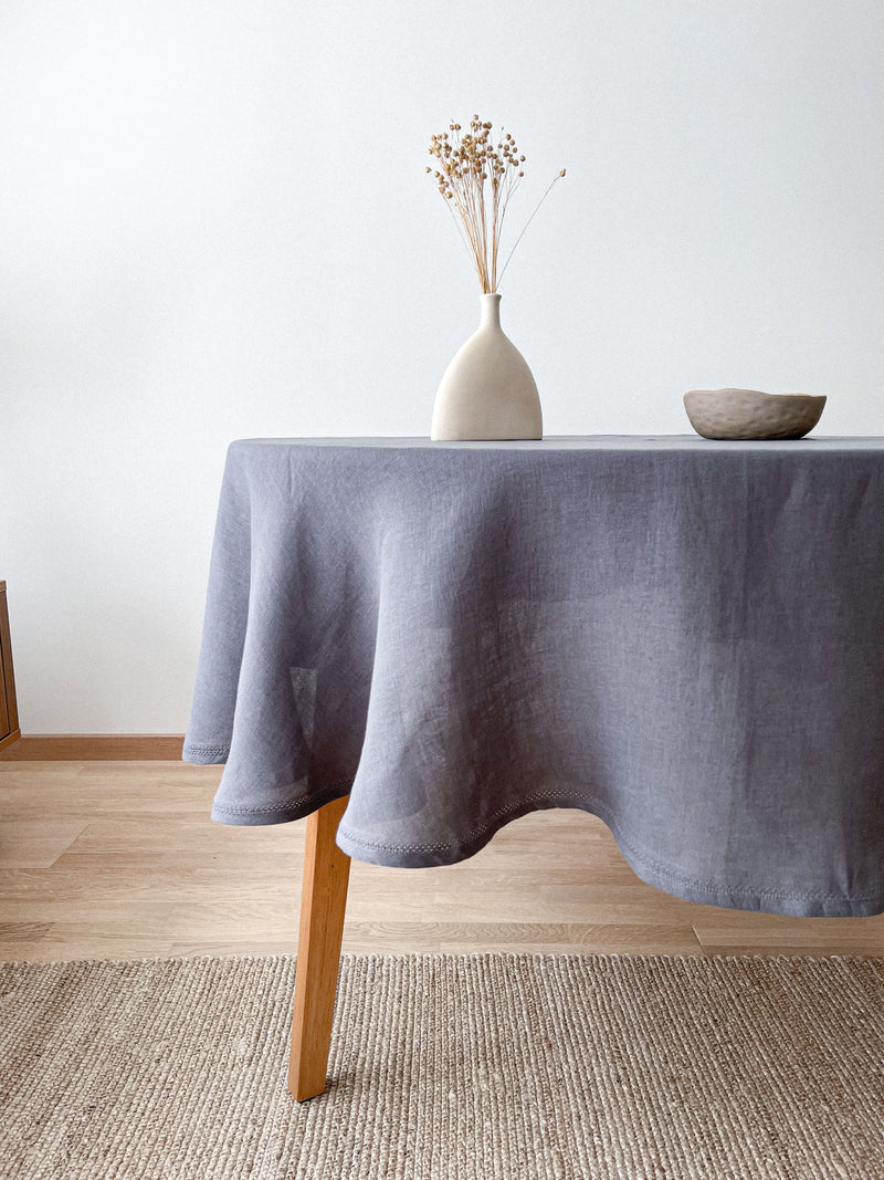 Dark Grey Round Linen Tablecloth with Hemstitch