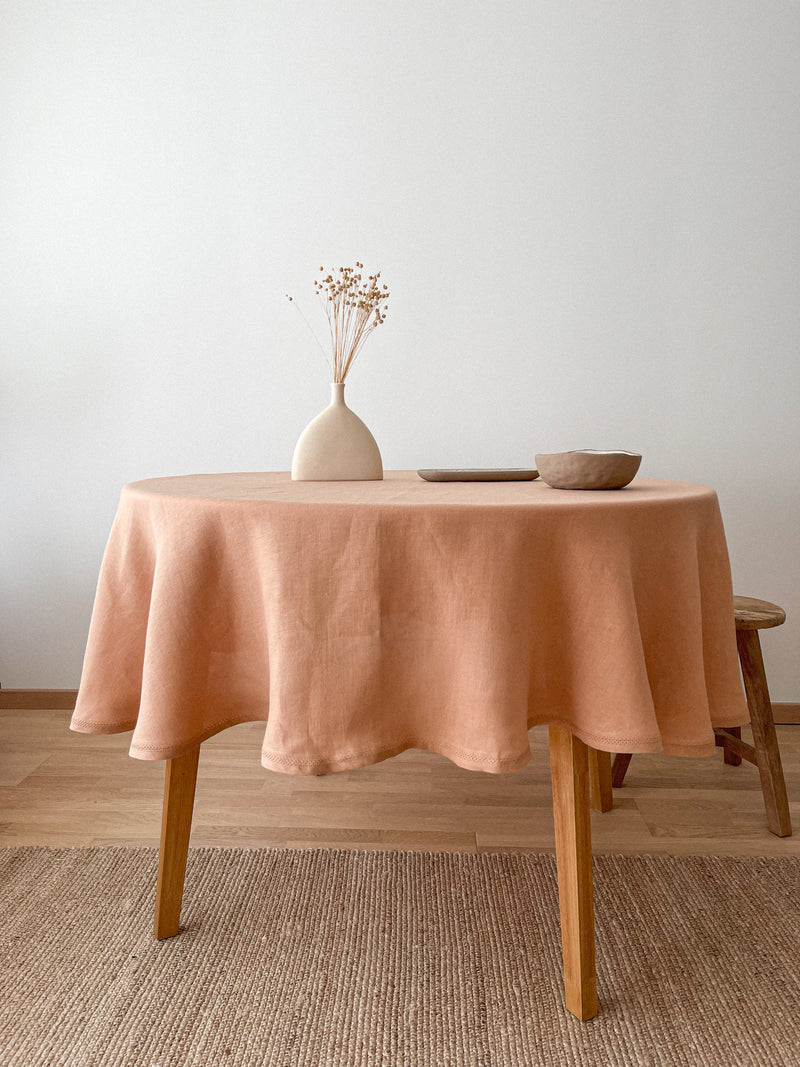 Tan Round Linen Tablecloth with Hemstitch
