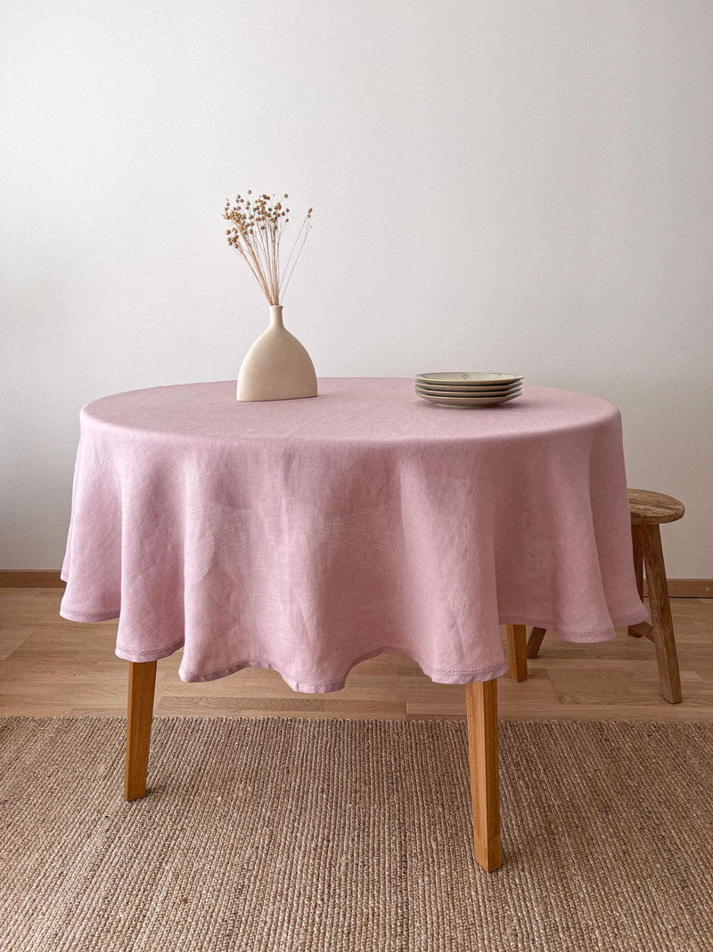 Light Pink Round Linen Tablecloth with Hemstitch