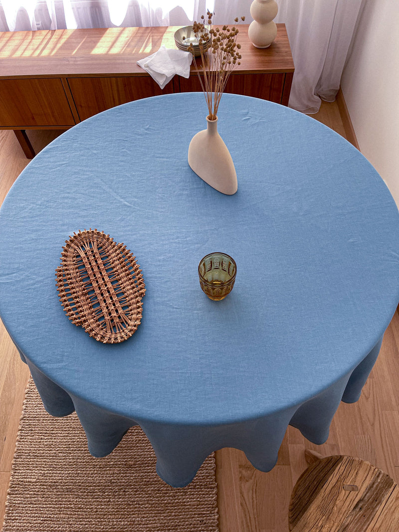Light Blue Round Linen Tablecloth with Hemstitch