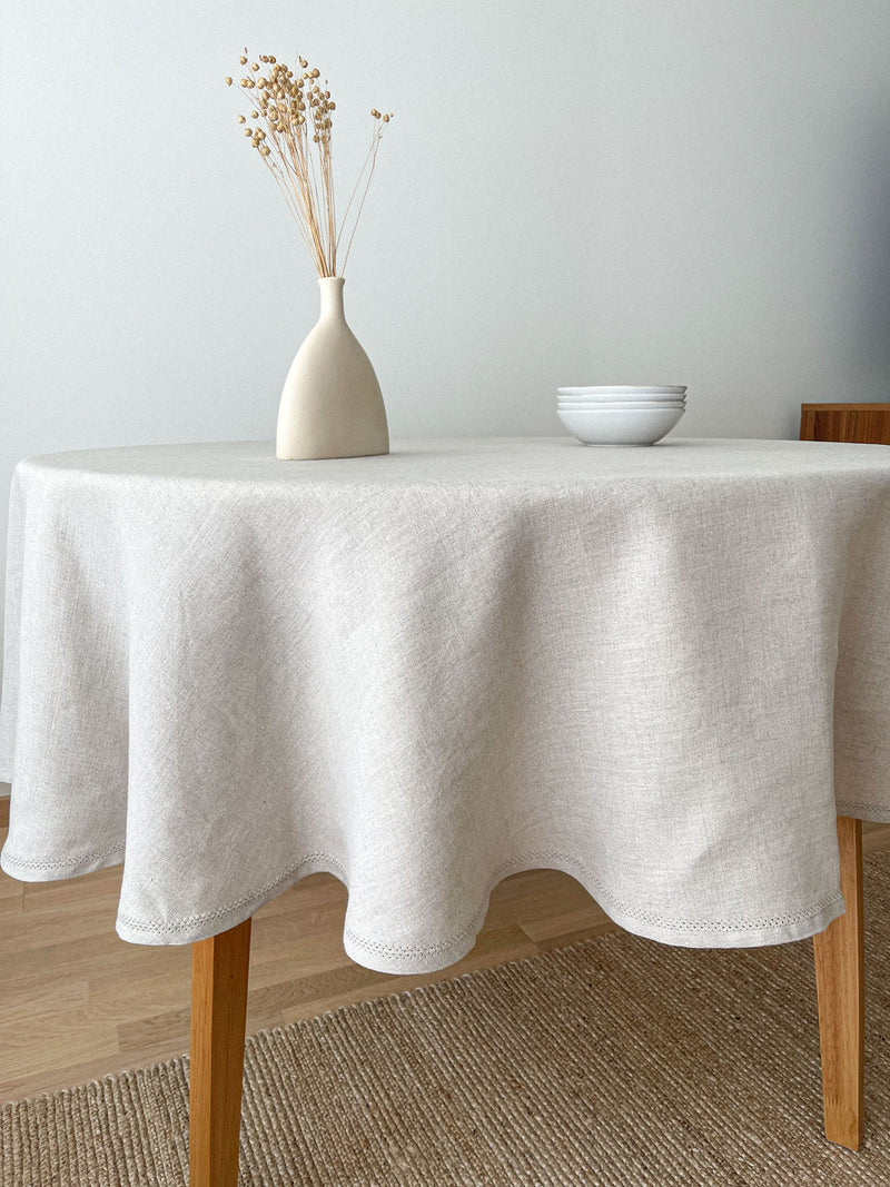 Beige Round Linen Tablecloth with Hemstitch