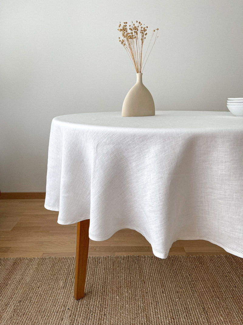 Off White Round Linen Tablecloth with Hemstitch