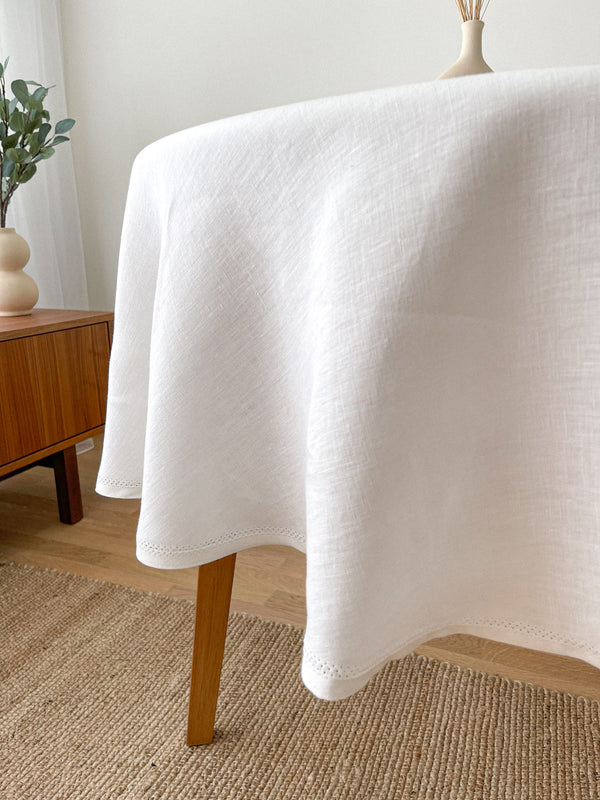 Off White Round Linen Tablecloth with Hemstitch