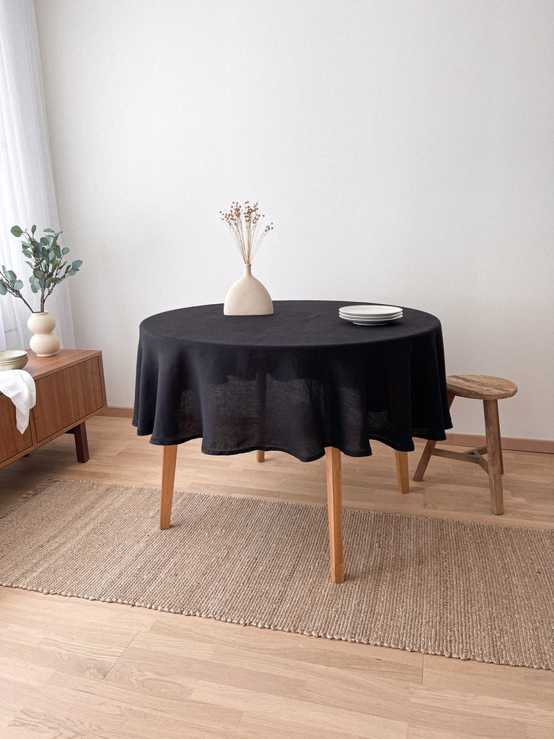 Black Round Linen Tablecloth with Hemstitch