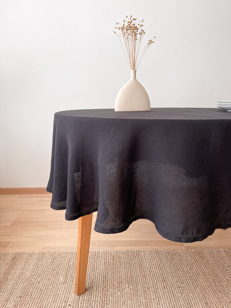 Black Round Linen Tablecloth with Hemstitch