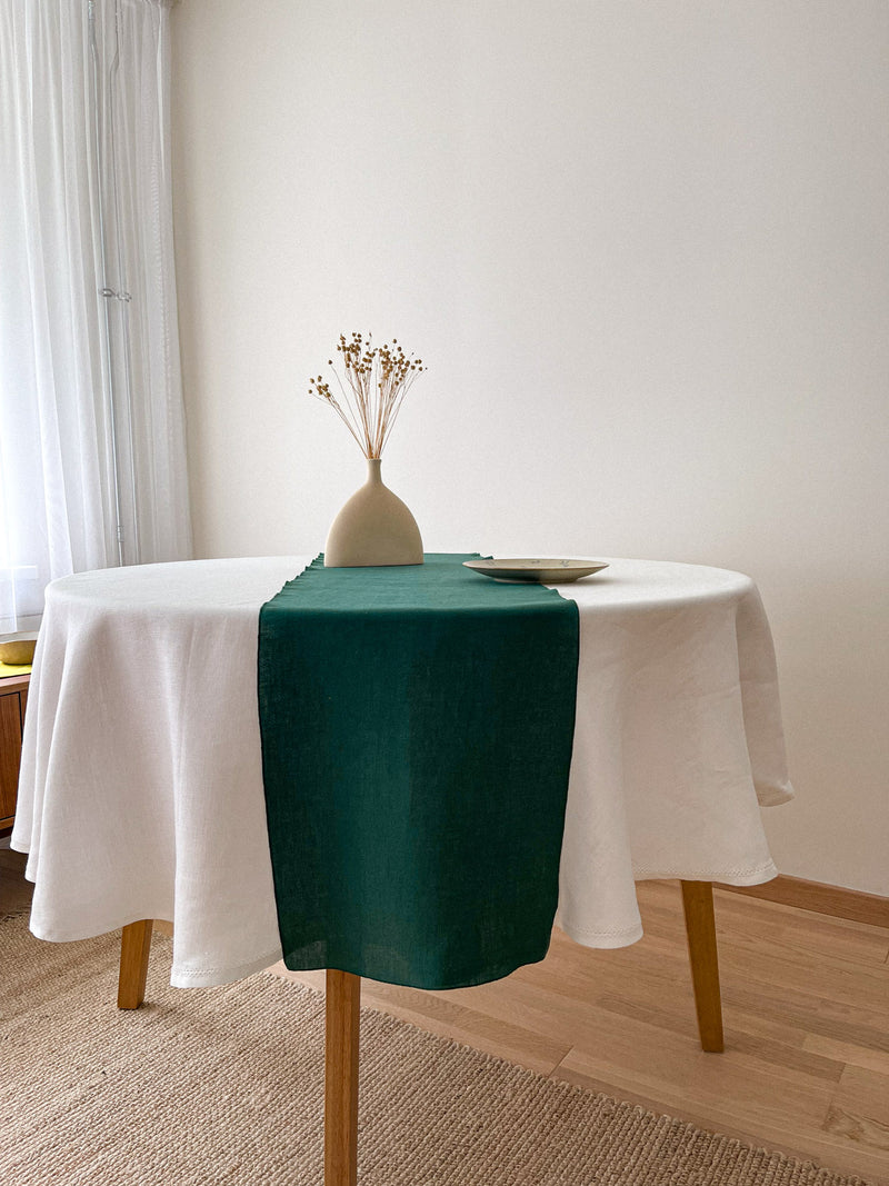 Dark Green Washed Linen Table Runner with Stitch Edges