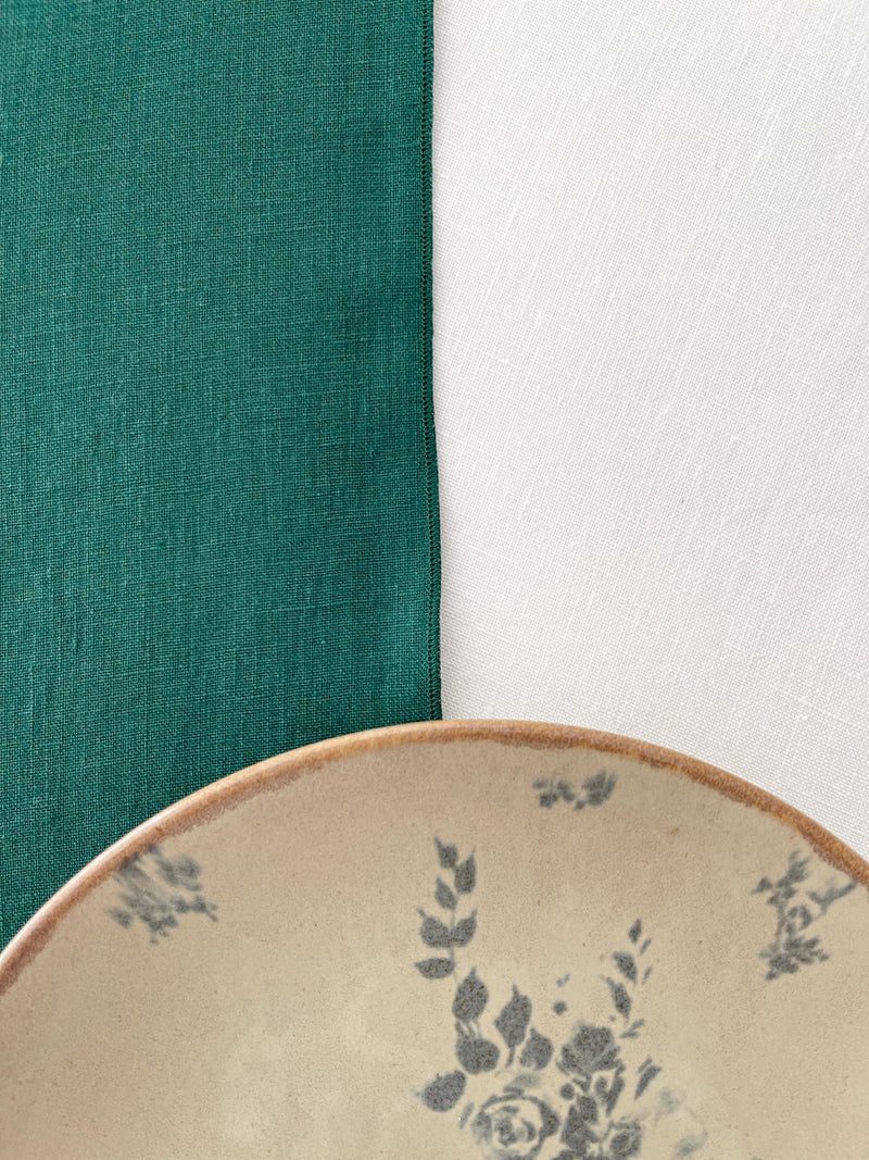Dark Green Washed Linen Table Runner with Stitch Edges