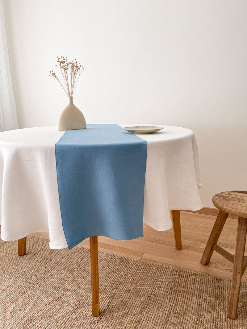 Light Blue Washed Linen Table Runner with Stitch Edges