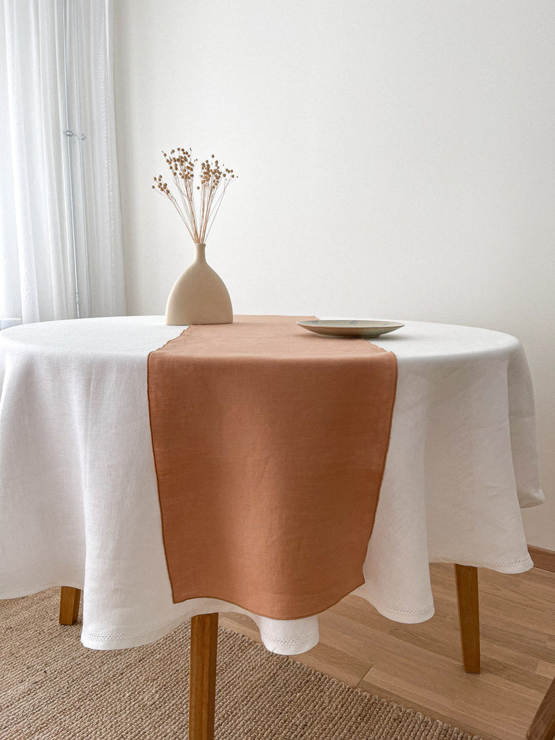 Tan Washed Linen Table Runner with Stitch Edges