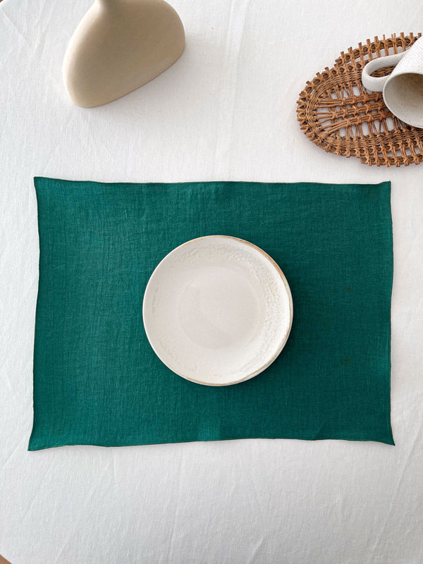 Double Layer Dark Green Linen Placemat with Stitch Edges