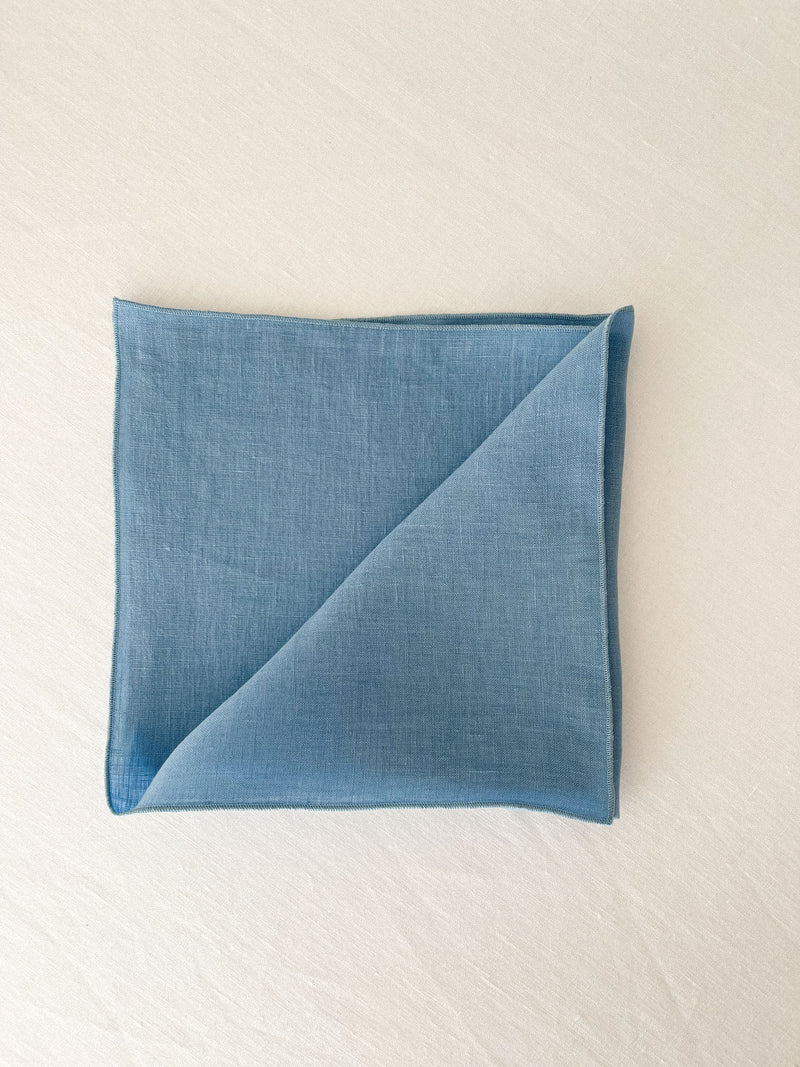 Light Blue Washed Linen Napkins with Stitch Edges