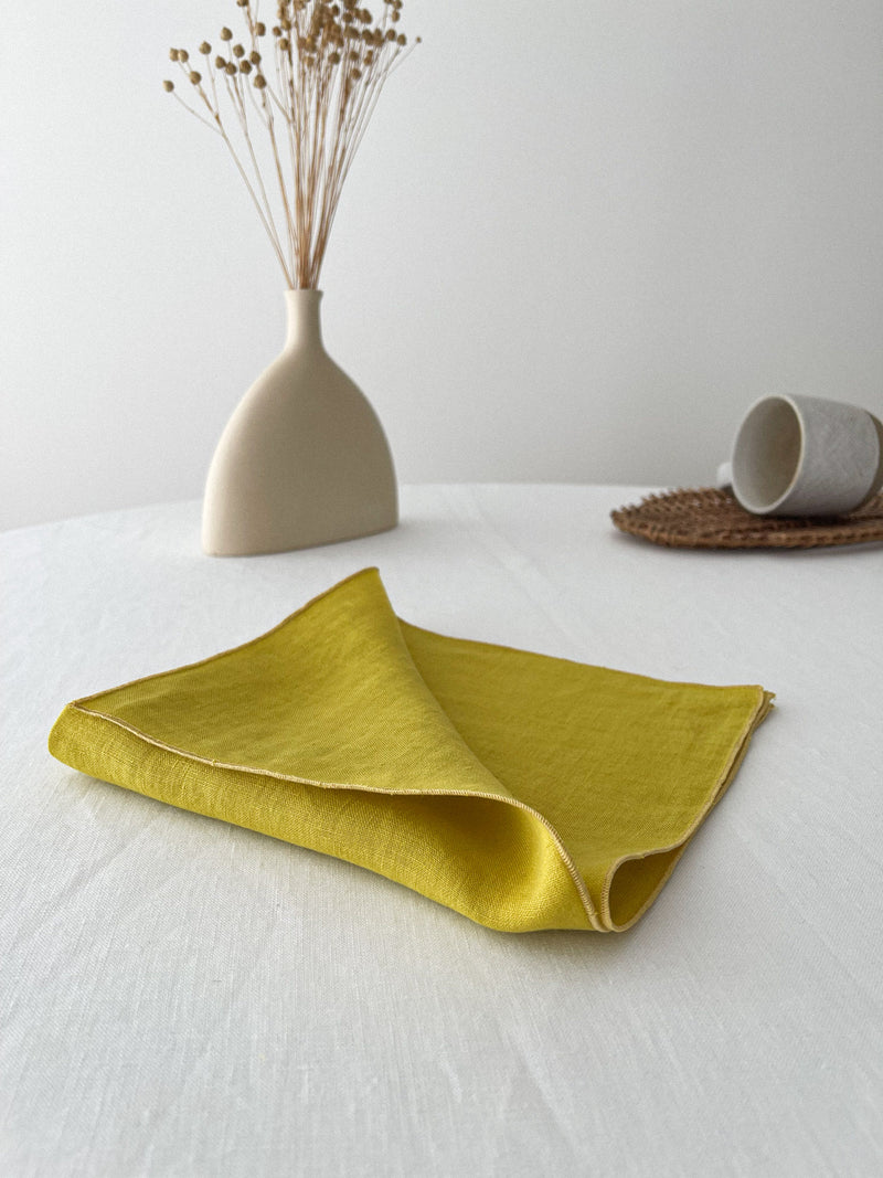 Yellow Washed Linen Napkins with Stitch Edges