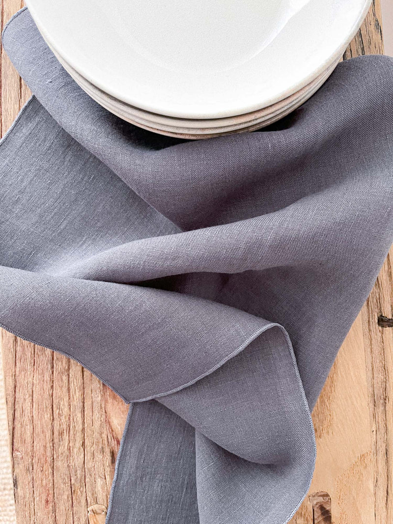 Dark Grey Washed Linen Napkins with Stitch Edges