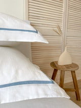 White Linen Pillow Sham with Light Blue Trim