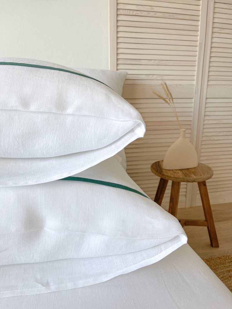 White Housewife Style Linen Pillowcase with Dark Green Trim uk