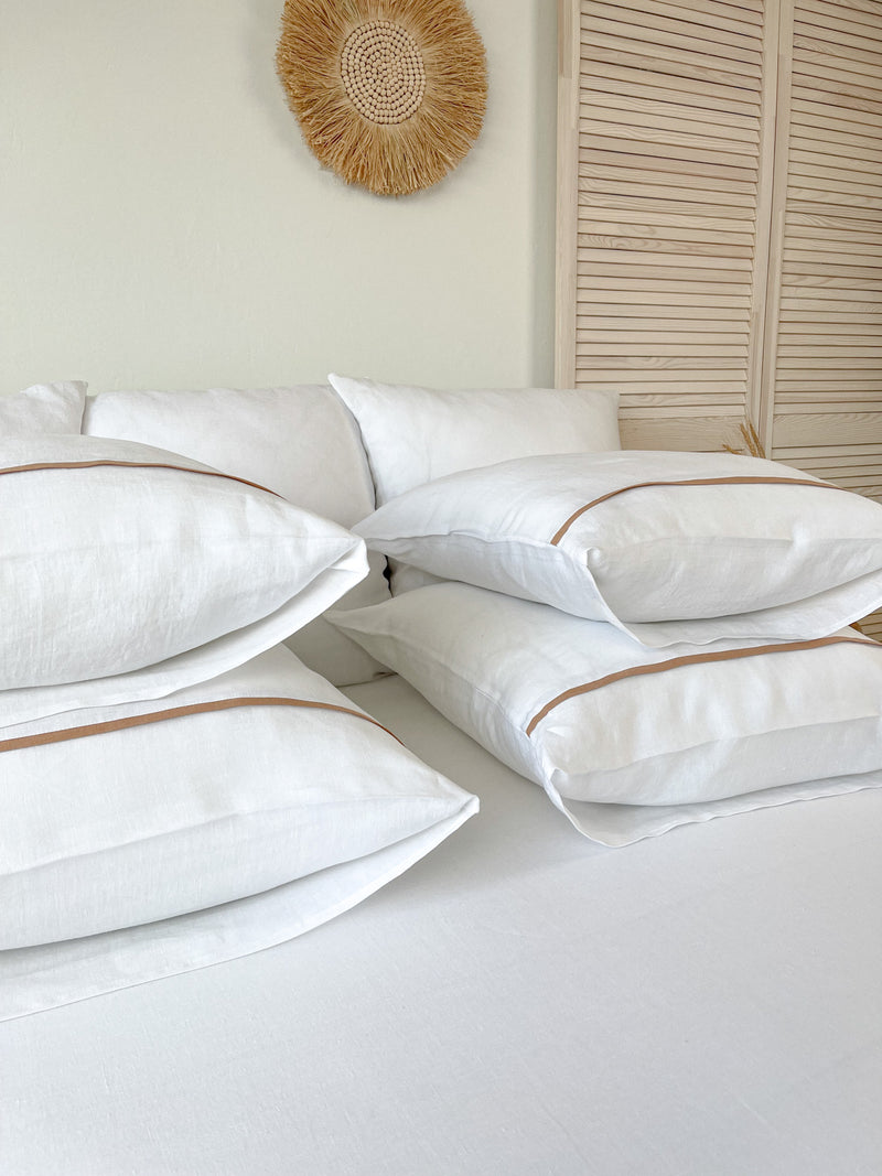 White Linen Pillowcase with Tan Trim