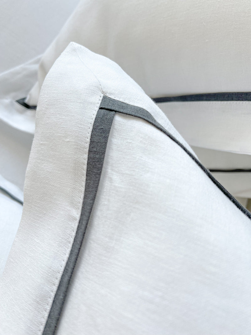 White Linen Sheet set with Oxford Style Pillowcases and Dark Grey Trim