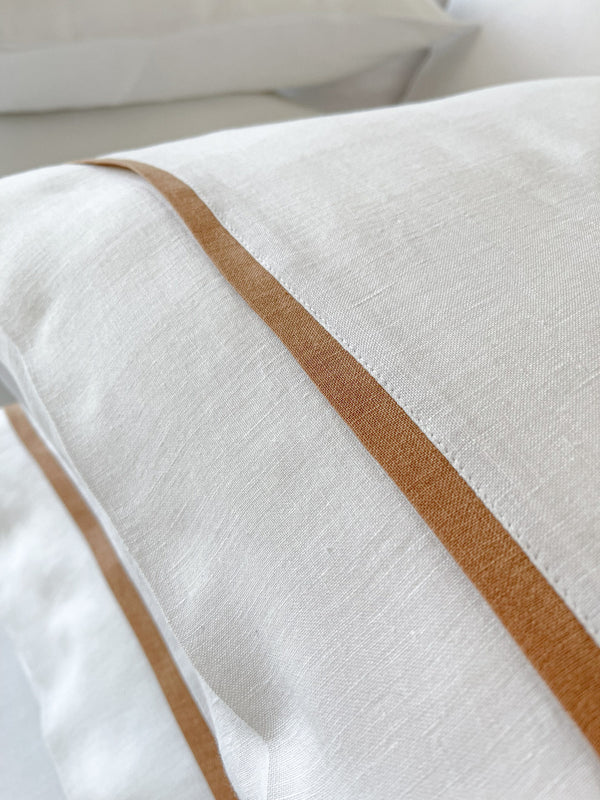 White Housewife Style Linen Pillowcase with Tan Trim uk