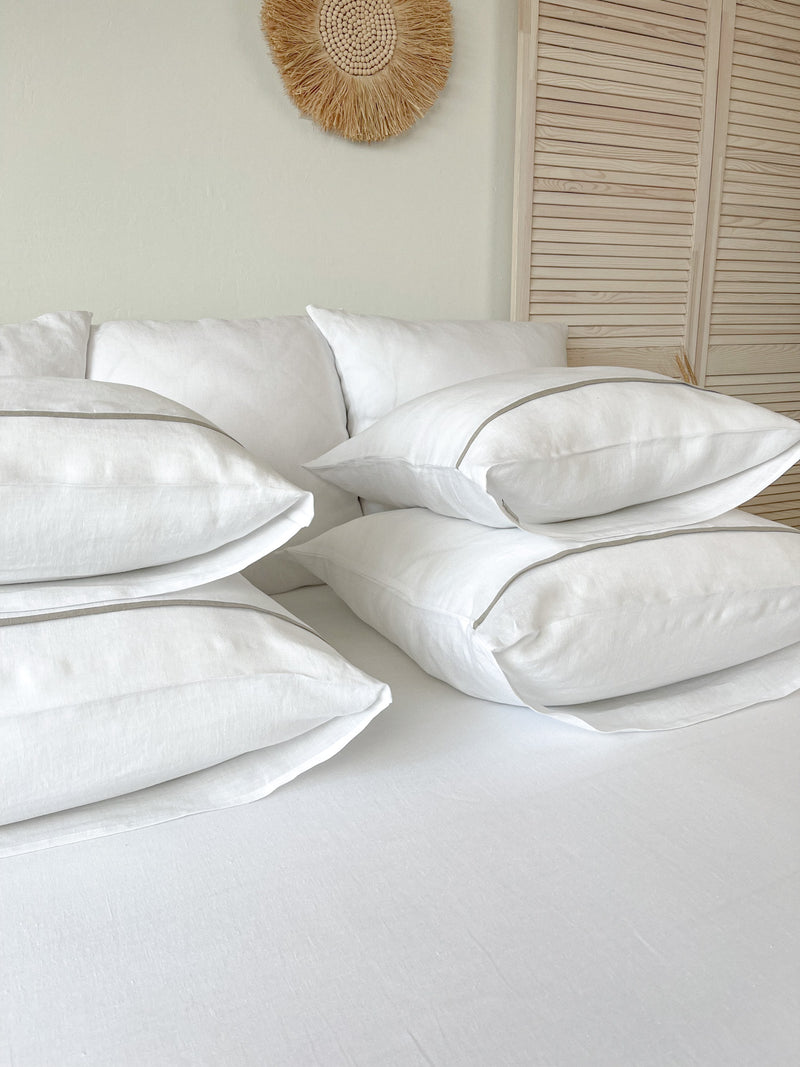 White Linen Pillowcase with Beige Trim
