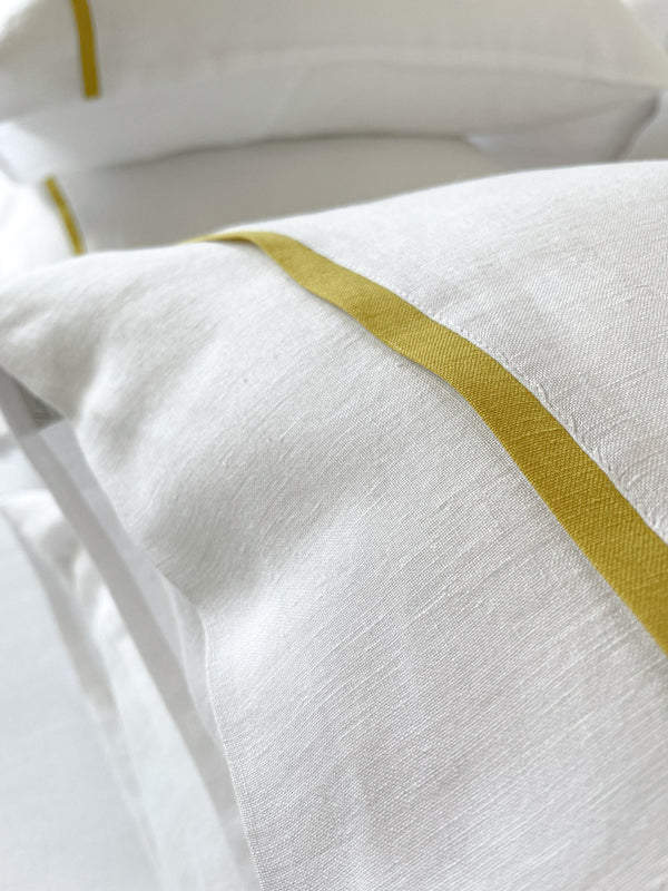 White Housewife Style Linen Pillowcase with Yellow Trim uk