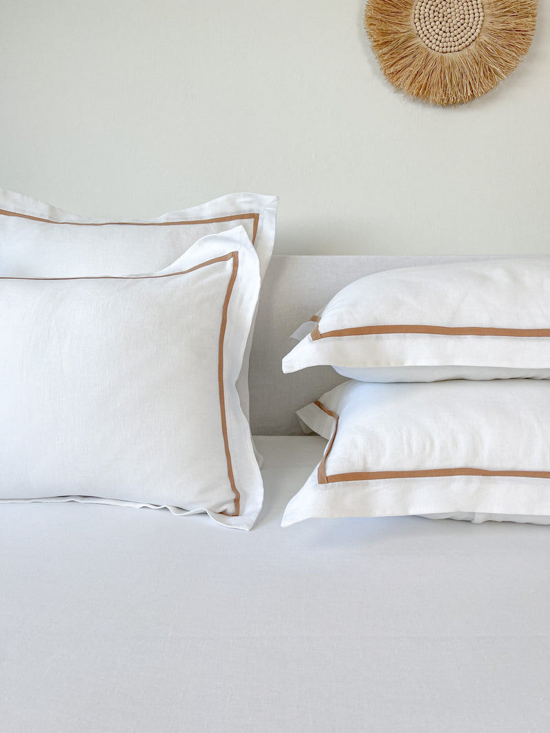 White Linen Pillow Sham with Tan Trim