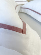 White Linen Sheet set with Pillow Shams and Light Pink Trim