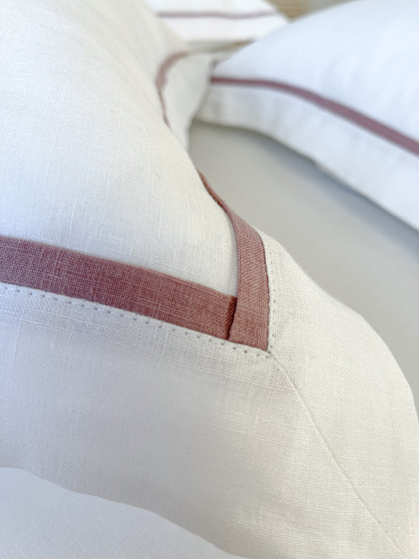 White Linen Pillow Sham with Light Pink Trim