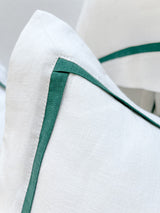 White Linen Sheet set with Pillow Shams and Dark Green Trim