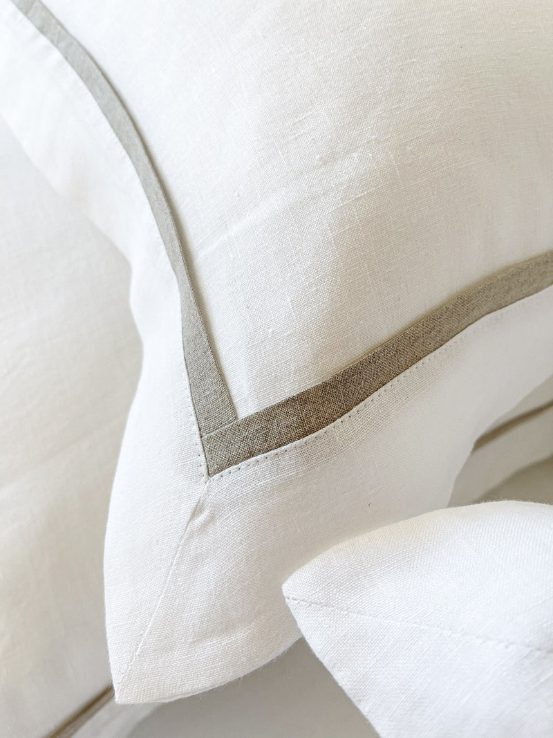 White Linen Sheet set with Pillow Shams and Beige Trim