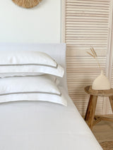 White Oxford Style Linen Pillowcase with Beige Trim
