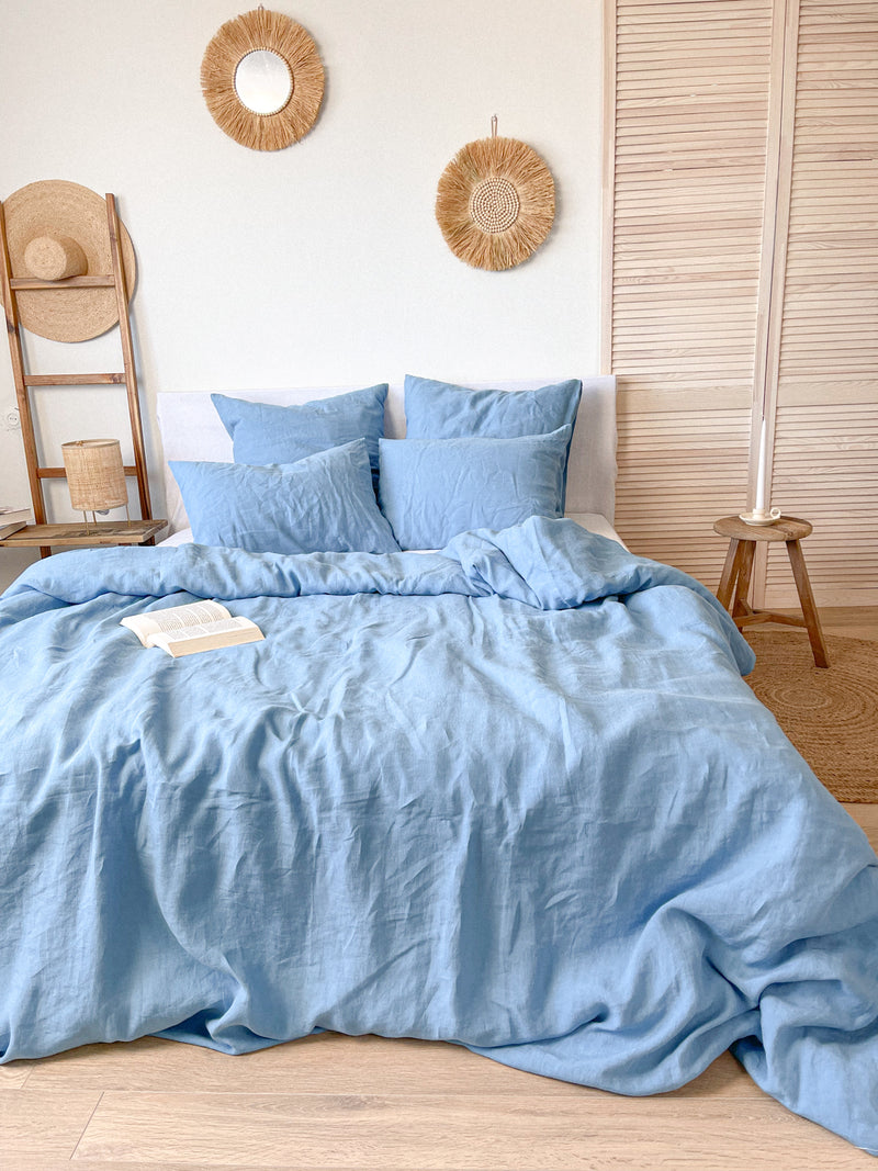 Light Blue Washed Linen Bedding Set