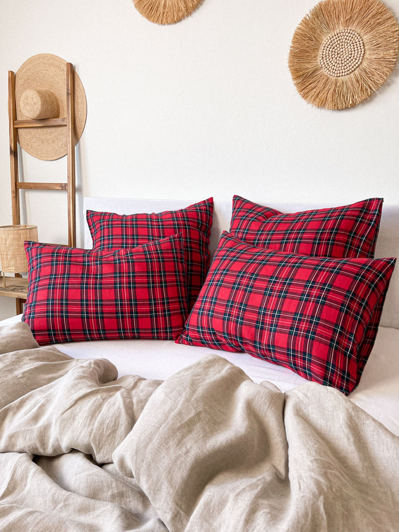 Red Tartan Linen Pillowcase