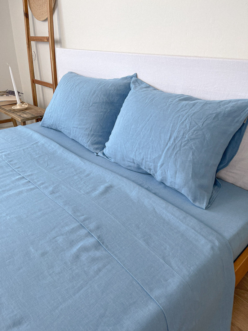 Light Blue Washed Linen Bedding Set us
