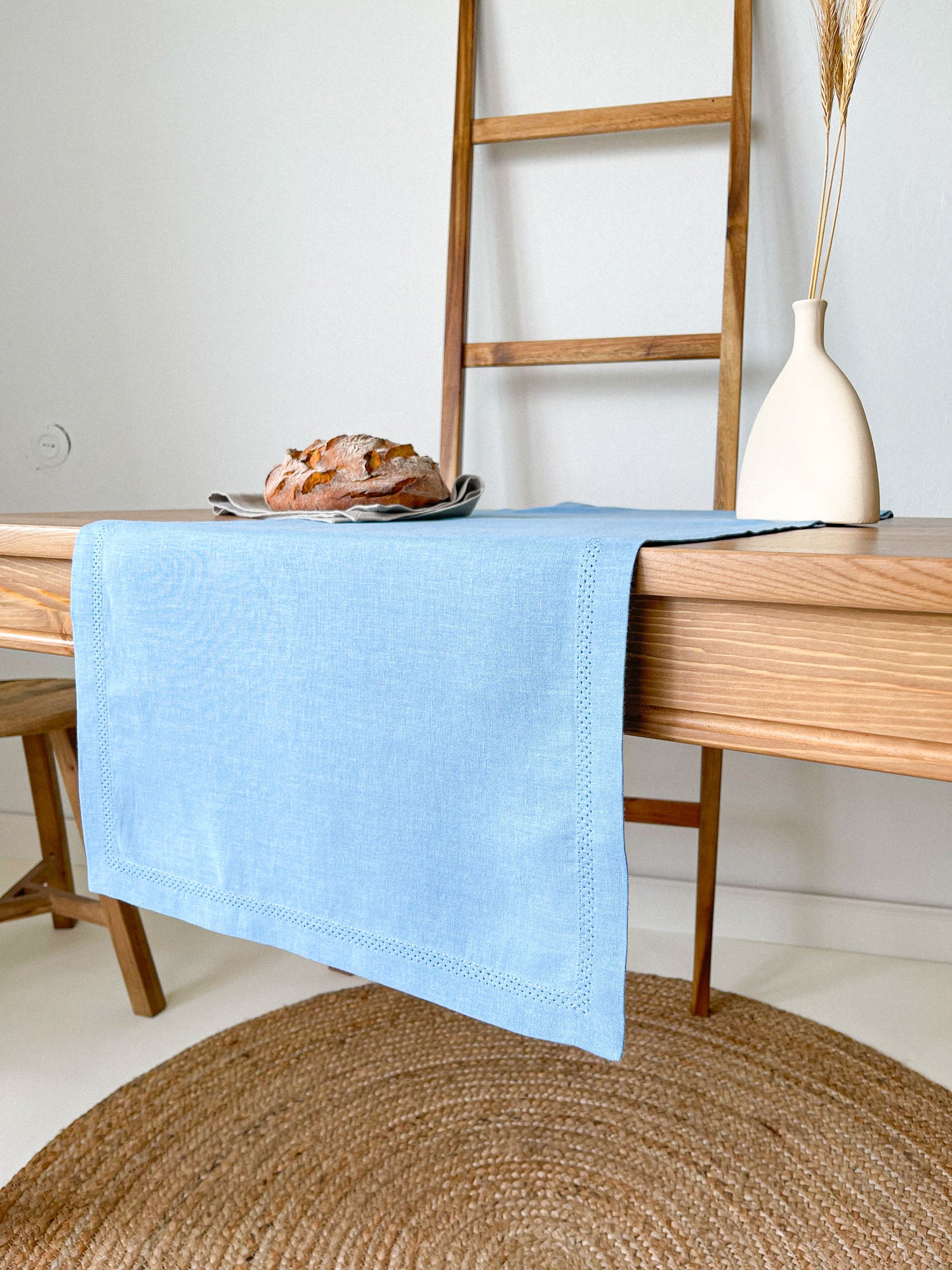 Light Blue Hemstitch Linen Table Runner – 100% Natural – Linen Notes