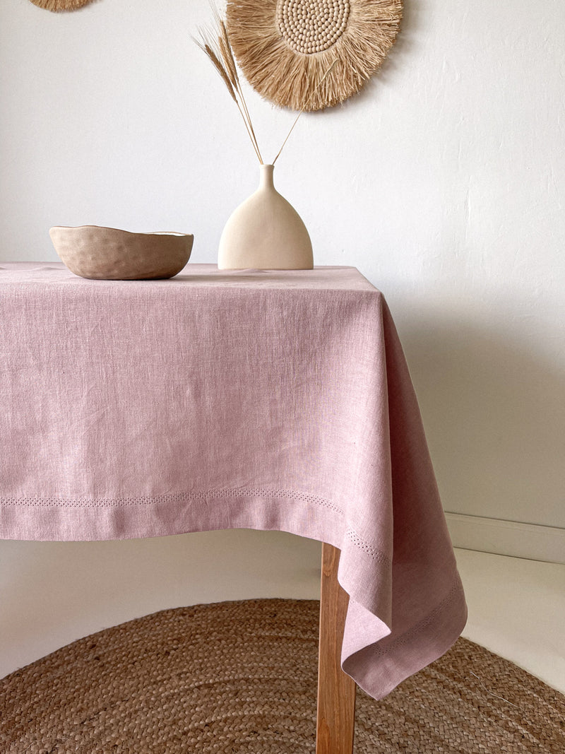 Light Pink Hemstitch Linen Tablecloth
