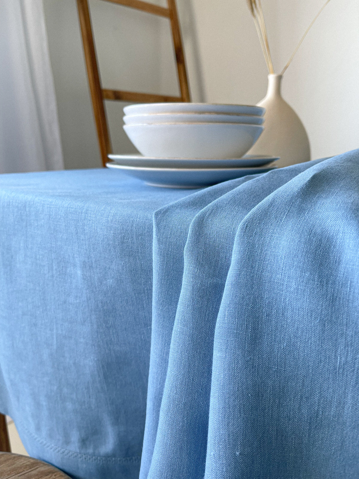 Light Blue Linen Tablecloth with Hemstitch | Timeless Charm – Linen Notes