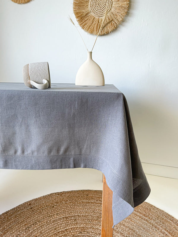 Dark Grey Hemstitch Linen Tablecloth
