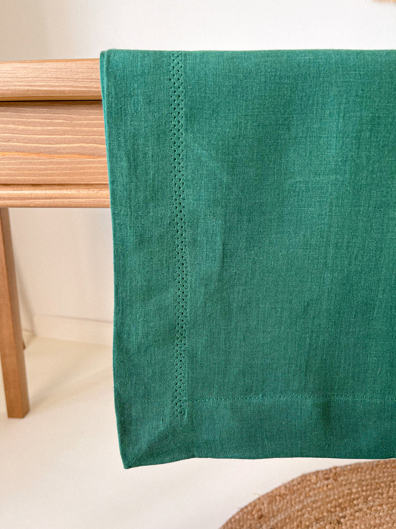 Dark Green Hemstitch Linen Tablecloth