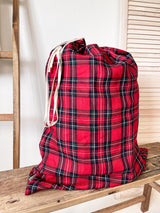 Red Tartan Drawstring Linen Laundry Bag
