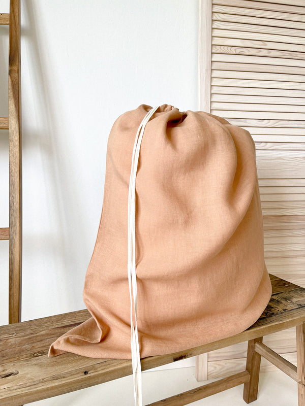 Tan Drawstring Linen Laundry Bag