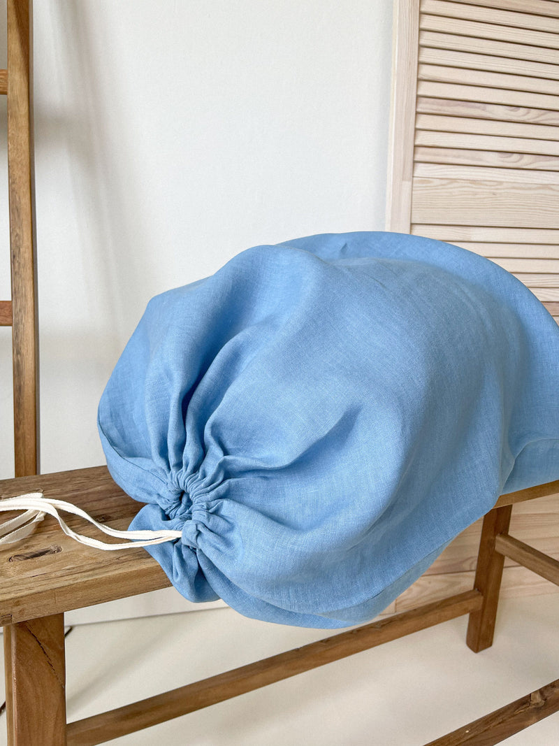 Light Blue Drawstring Linen Laundry Bag