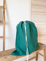 Dark Green Drawstring Linen Laundry Bag