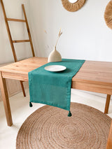 Dark Green Linen Table Runner with Tassels