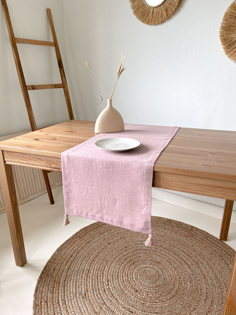 Light Pink Linen Table Runner with Tassels