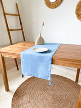 Light Blue Linen Table Runner with Tassels