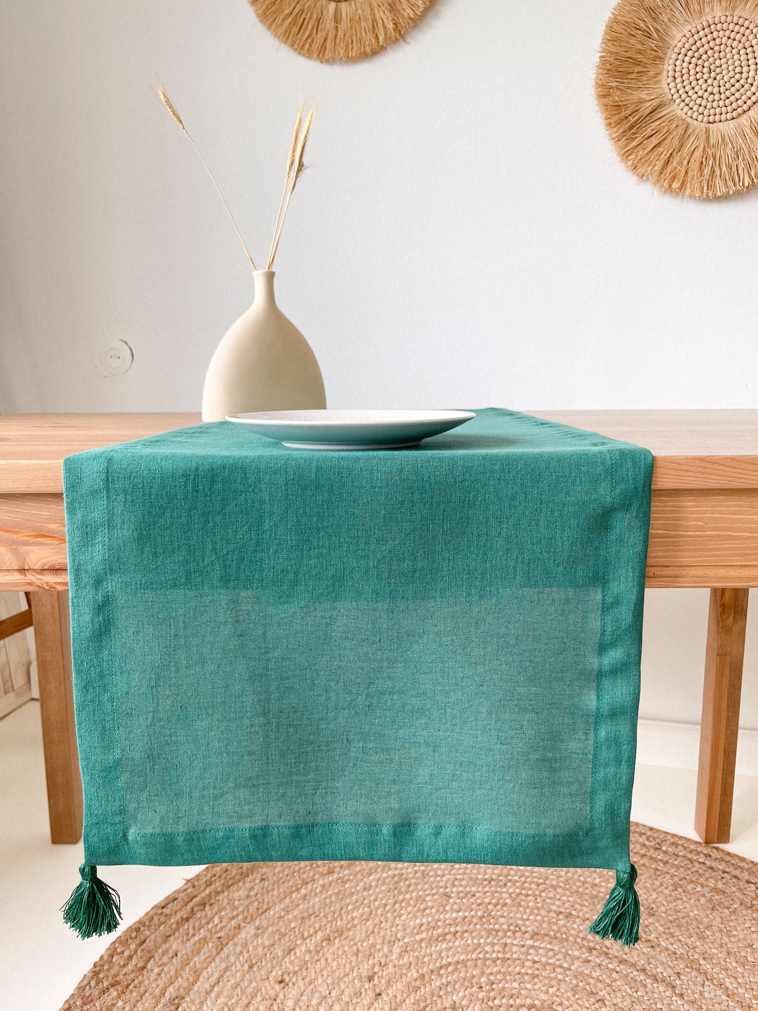 Dark Green Linen Table Runner with Tassels Linen Notes