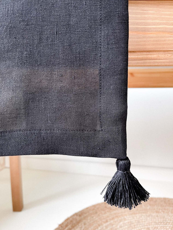 Black Linen Table Runner with Tassels