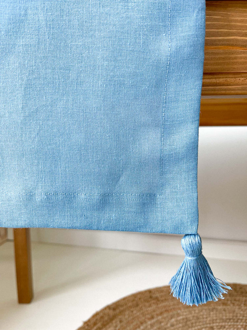 Light Blue Linen Table Runner with Tassels